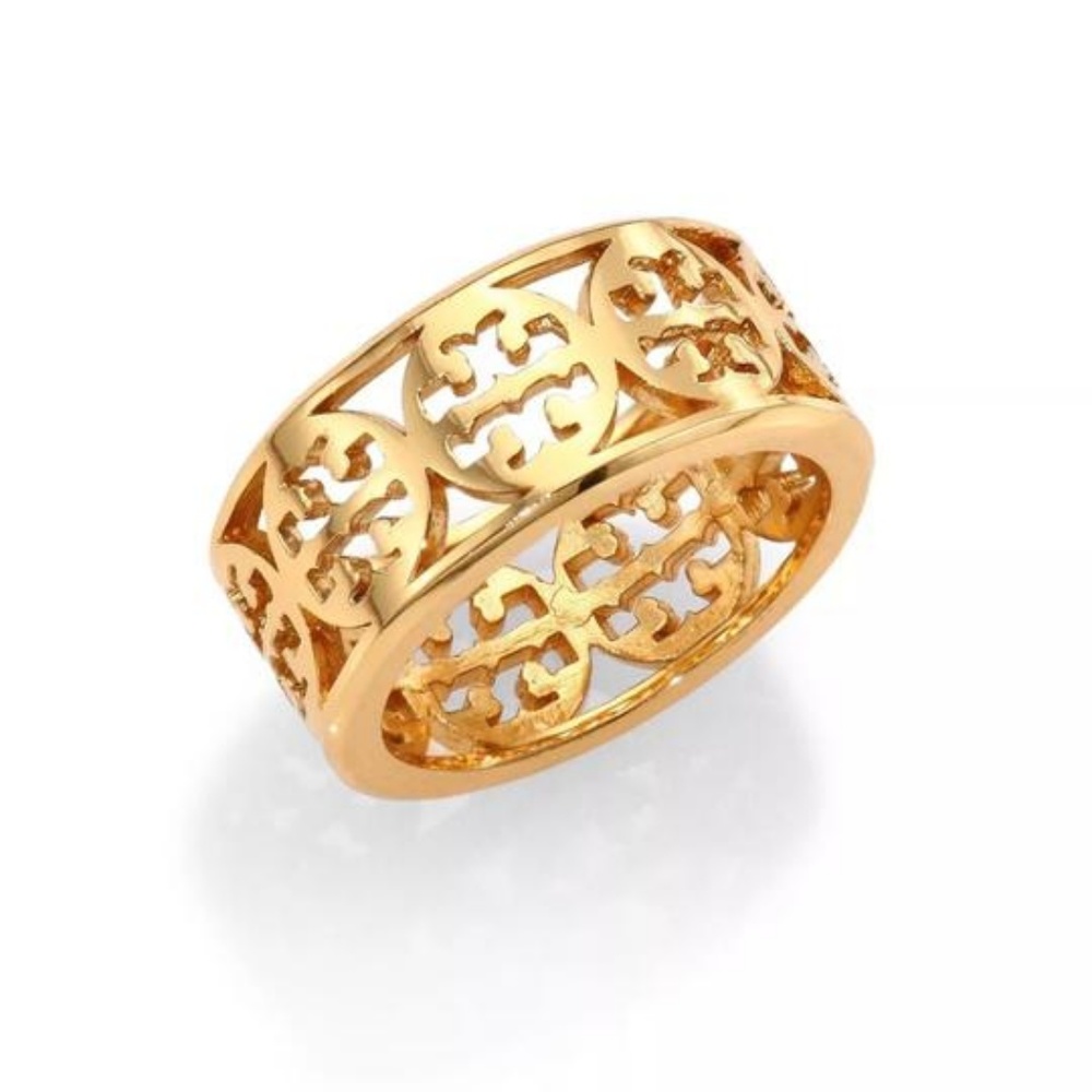 TORY BURCH KINSLEY CUTOUT LOGO GOLD TONE BAND RING